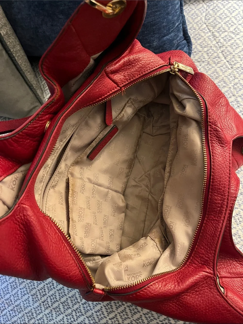 Michael Kors Red Pebbled Leather Shoulder Hobo with Gold MK Logo